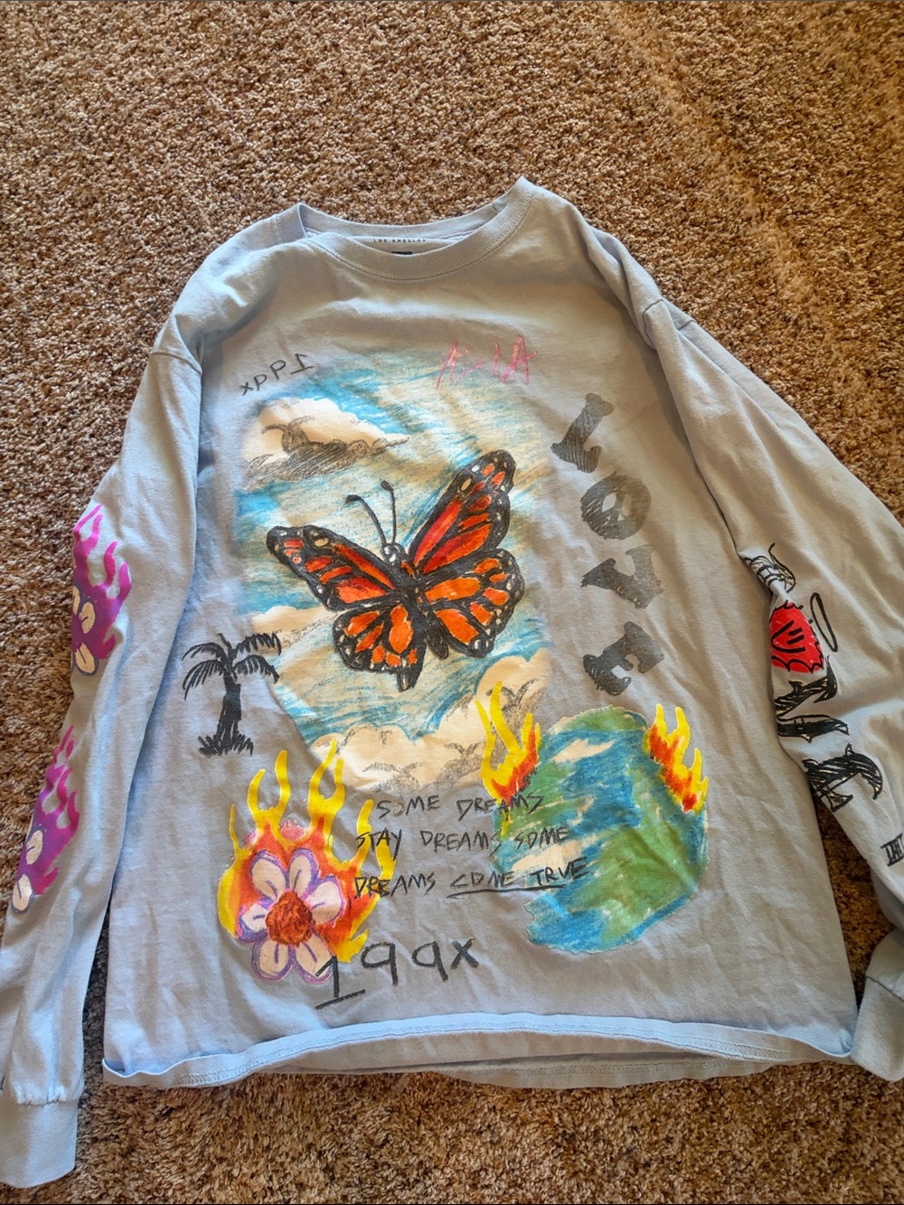 PacSun Gray Long Sleeve Tee with Orange Butterfly Graphic